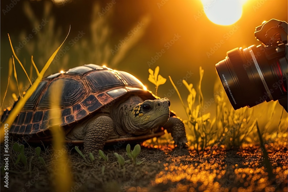 Aufkleber a camera is being held up to a turtle in the grass with the sun in the background and a lens in the 