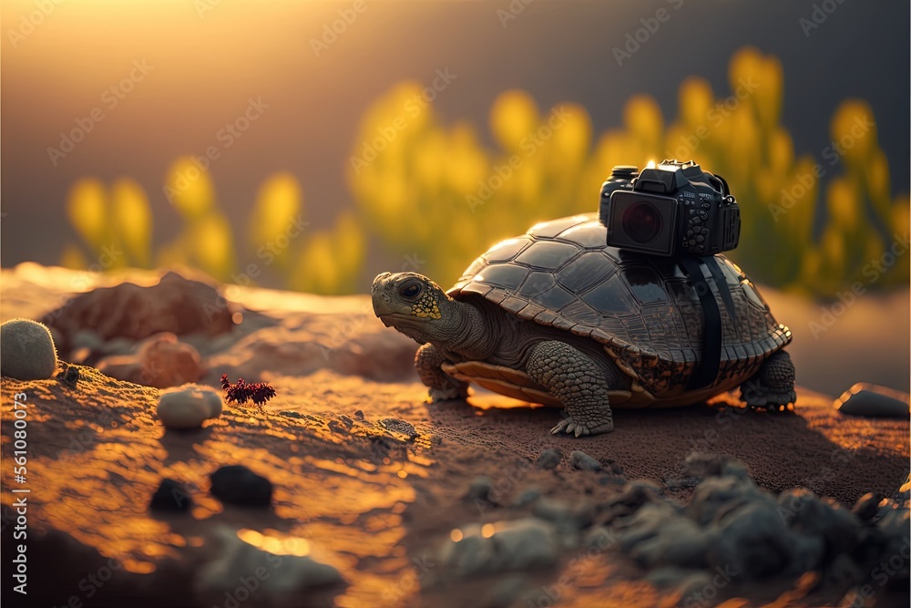 Poster a small turtle with a camera on its back walking on a rock covered ground with rocks and plants in t