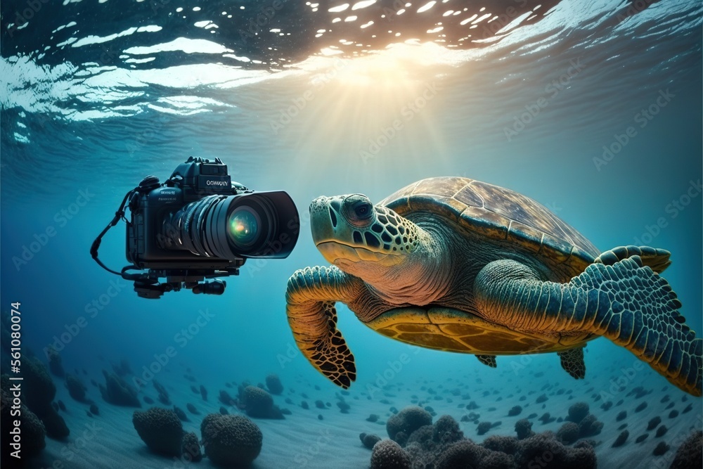 Poster a camera is attached to a turtle swimming in the ocean with a camera attached to its back, and a cam