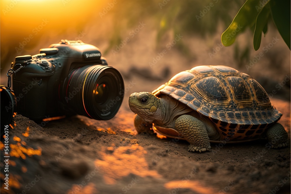 Poster a camera and a turtle on a dirt ground with a sunset in the background and a camera on the ground wi