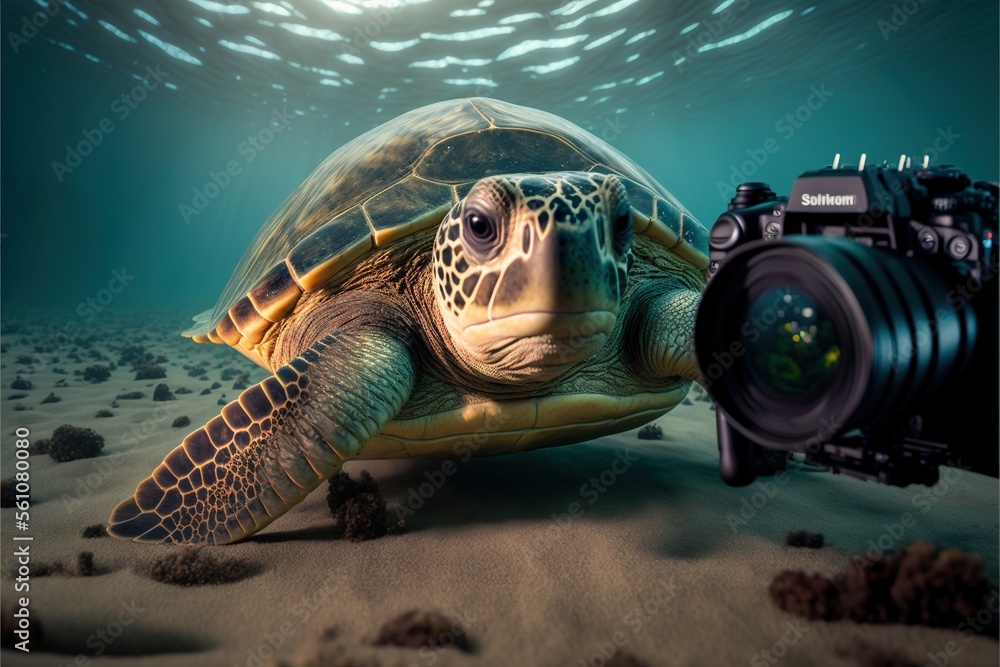 Poster a turtle is taking a picture of a camera in the ocean with a lens attached to its back, with a fish 