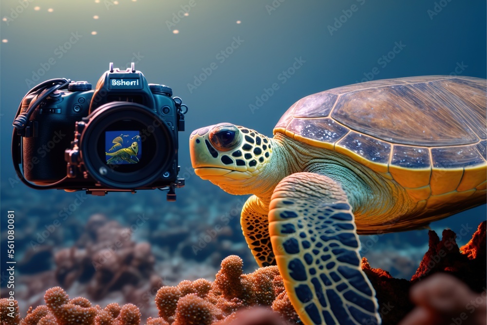 Poster a camera is attached to a turtle in the ocean with corals and seaweed around it, while a camera is a