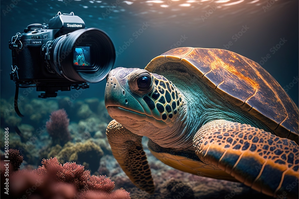 Poster a camera is attached to a turtle's head while it swims in the ocean water near corals and corals on 