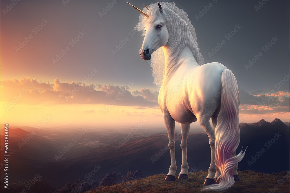 Aufkleber a white unicorn standing on top of a hill at sunset with a sky background and clouds in the backgrou