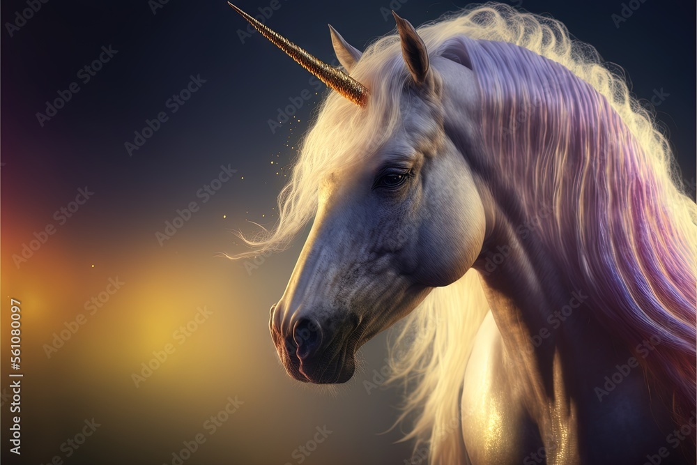 Poster a unicorn with a long mane and a pink mane is shown in this digital painting style image of a unicor