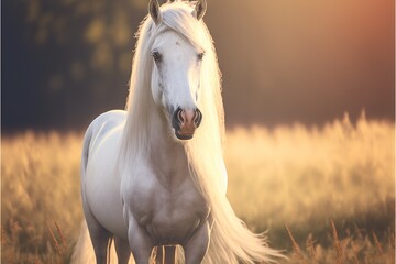  a white horse standing in a field of tall grass at sunset with the sun shining on it's face and head and the mane of its mane, with a blurred background of tall grass.  ai Generative AI