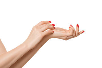Beautiful woman's hands on the white background. Spa and Manicure concept. Moisturizing female hands, isolate.
