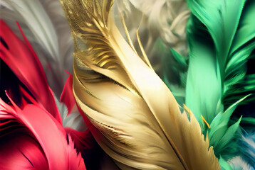 abstract beautiful soft feathers and fur background,carnival fantasy red blue green white and gold pastel colors background,generative ai.