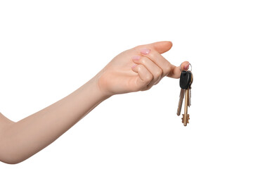 Bunch of keys in a woman's hand on a white background, isolate.