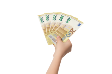 Woman's hand with five 200 euros. One thousand euros in a female hand on a white background, isolate.