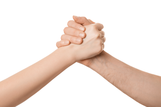 Hands of friends greeting each other isolate on white background. Shaking hands of two people, male and female.