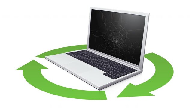 3D laptop computer with broken screen in the middle of green circular recycling symbol with the three arrows spinning in a loop