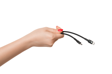 Type C charging wire in a male hand on a white background, isolate.