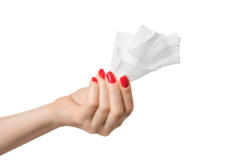 Woman's hand with paper napkin on a white background, isolate.