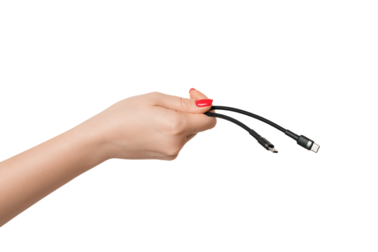 Type C charging wire in a male hand on a white background, isolate. - Powered by Adobe