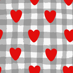 All over seamless vector repeat pattern with red hearts half drop on a gray irregular watercolor looking plaid background. Versatile Valentines day love backdrop