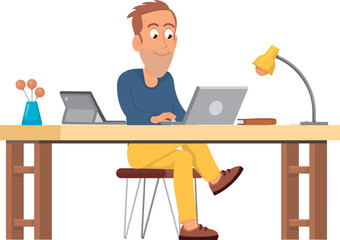 Cartoon freelancer working on laptop. House office, remote business