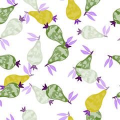 Scribble pears seamless pattern. Hand drawn fruits botanical backdrop. Naive art style.