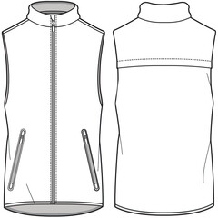Sleeveless Jacket, Insulated Vest, Wind Vest Front and Back View. Fashion Illustration, Vector, CAD, Technical Drawing, Flat Drawing, Template, Mockup. © Jasmin