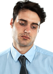 Portrait of man with mouth sewn shut, mental health and silence isolated on white background. Victim censorship, depression and abuse, businessman and mens health narrative stitched lips in studio.