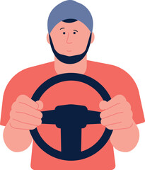 Hipster driving. Young man hold steering wheel