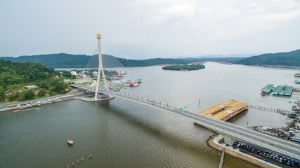 aerial view of Sungai Kebun Bridge with the water village at Bandar Seri Begawan, Brunei Darussalam