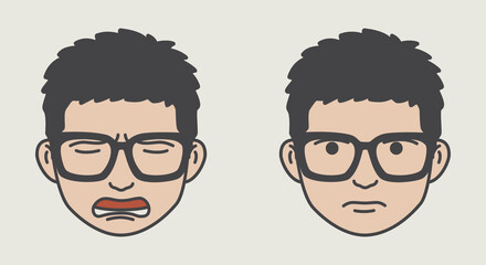 male face icon illustration design with different expression, sad expression as well as worried expression, flat cartoon style illustration