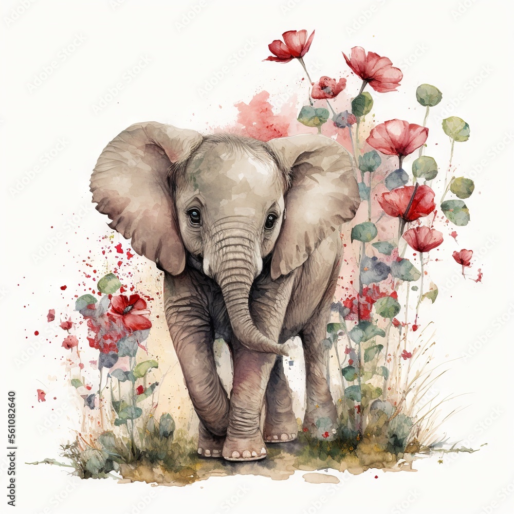 Poster a painting of an elephant in a field of flowers and grass with red poppies on the side of it and a w