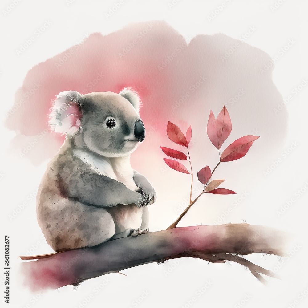 Poster a koala sitting on a branch with a red leaf on it's branch and a pink background behind it, with a p