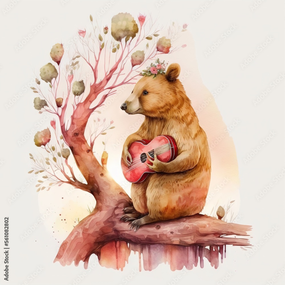 Poster a bear with a guitar sits on a tree branch with a tree branch in the background and a tree with leav