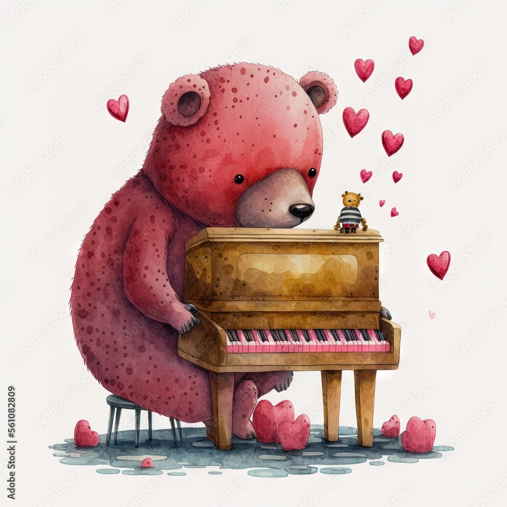 Poster a bear playing a piano with hearts floating around it and a tiny toy on top of it, with a tiny gold 