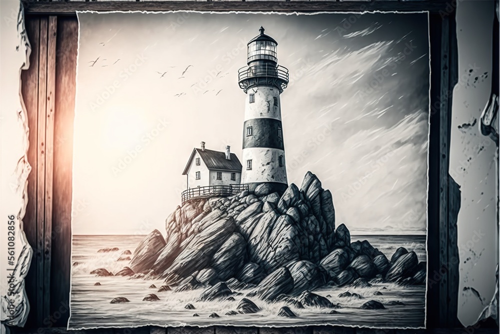 Poster a picture of a lighthouse on a rock in the ocean with a bird flying over it and a picture frame with