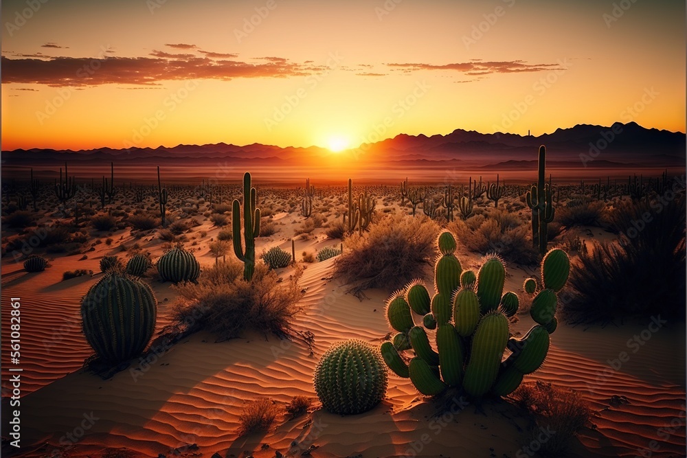 Poster a desert with cactus plants and a sunset in the background with mountains in the distance and a few 
