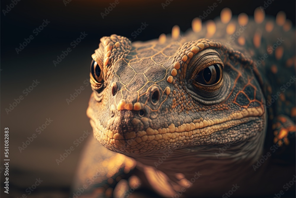 Aufkleber a close up of a lizard's face with a black background and a yellow light in the background with a bl