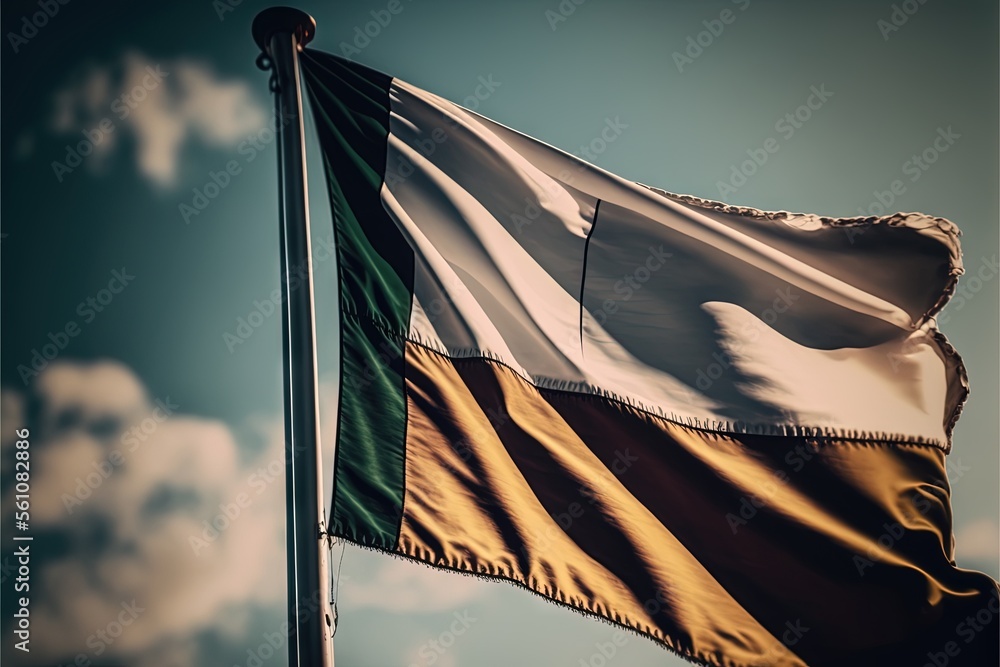 Poster a flag flying in the wind with a cloudy sky behind it and a blue sky with clouds behind it and a few