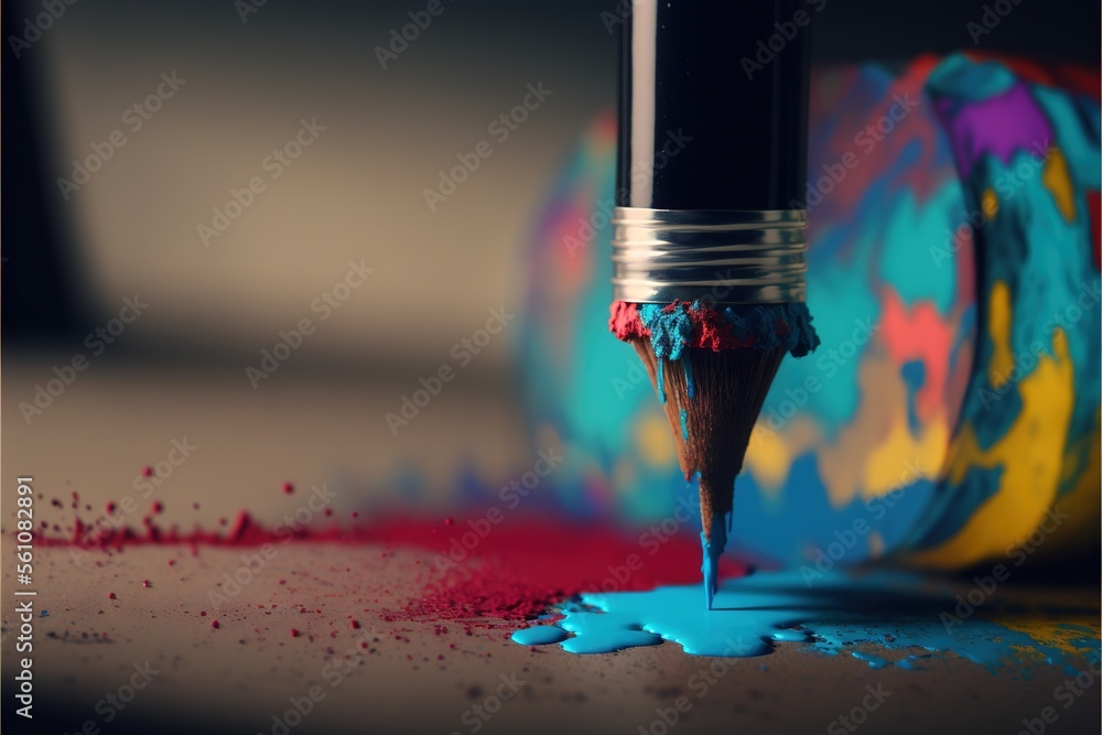 Poster a close up of a paintbrush with a paint dropper on it's tip and a colorful background with a multico