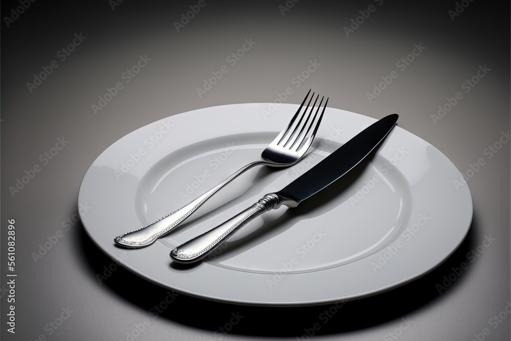 Poster a white plate with a knife and fork on it and a black background with a shadow of a fork and knife o