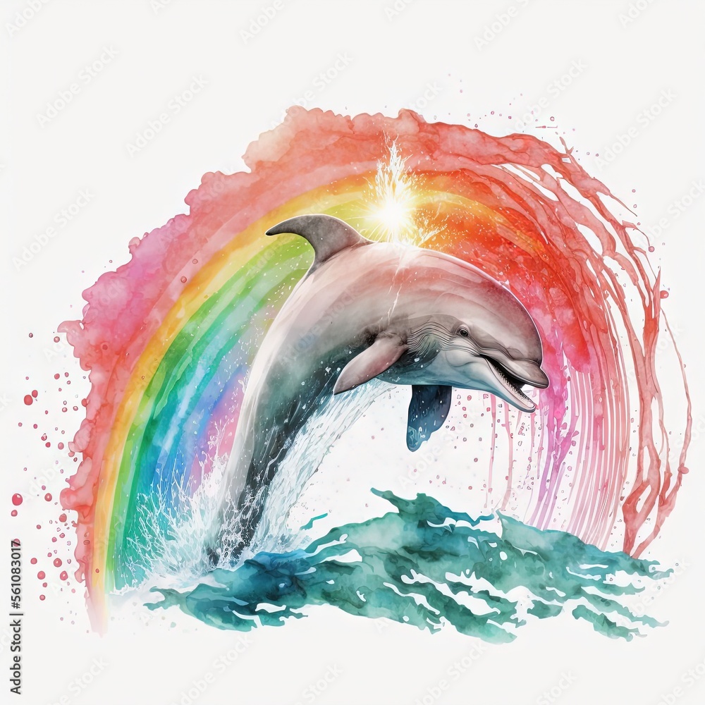 Poster a dolphin jumping out of the water with a rainbow in the background and a splash of water on the bot