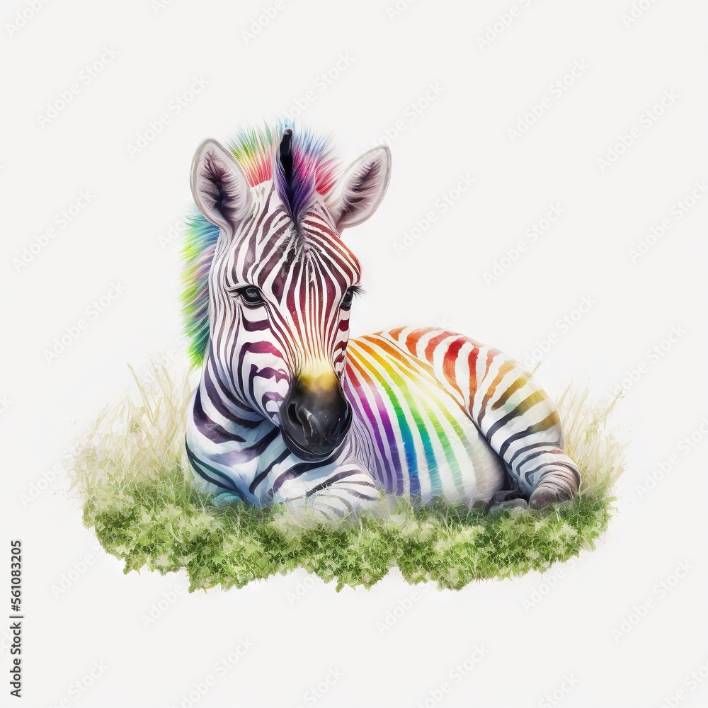 Poster a zebra laying down in the grass with a rainbow colored face on it's face and a black nose on its he