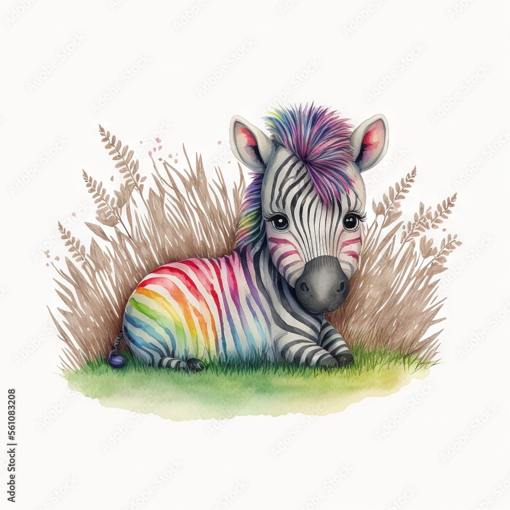Poster a zebra with a rainbow mane laying in the grass with a white background and a white background with 
