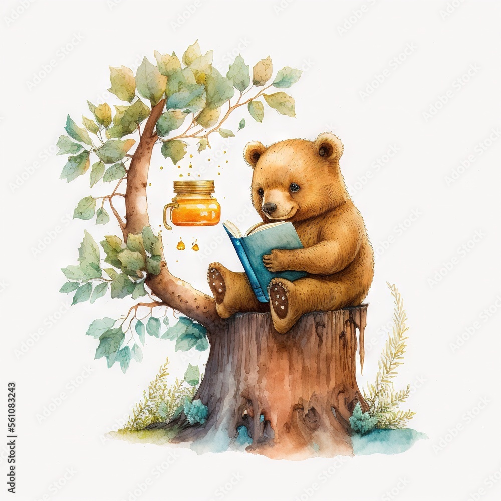 Poster a bear sitting on a tree stump reading a book and a jar of honey on his lap, with a tree trunk in th