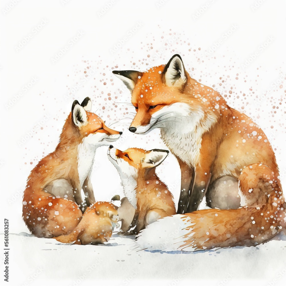 Poster a painting of a fox and her cubs in the snow with snow falling on them and snow falling on the groun