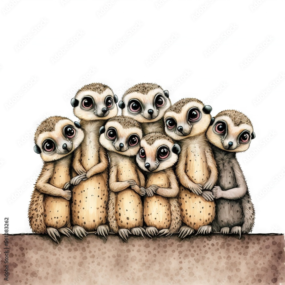 Aufkleber a group of meerkats sitting on top of each other in a row on a piece of paper with a white backgroun