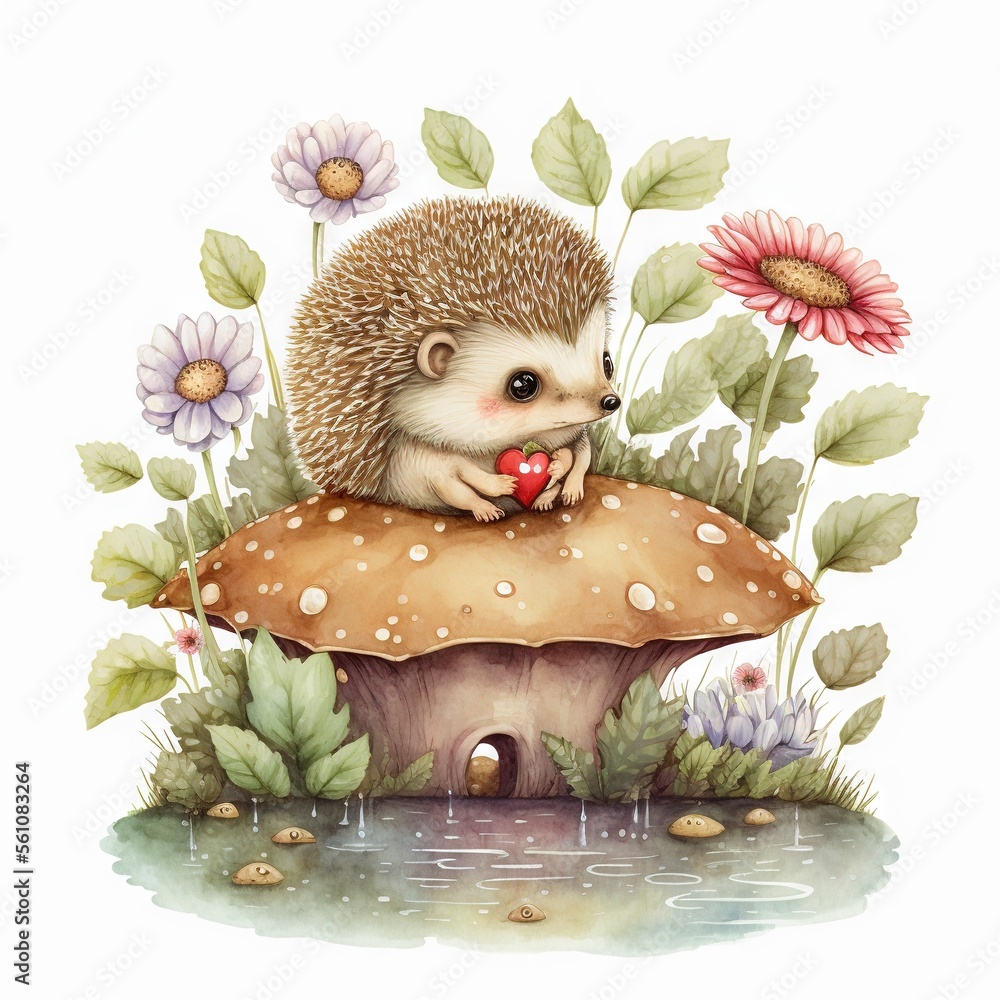 Poster a hedgehog sitting on top of a mushroom with flowers around it and a red object in its mouth in the 