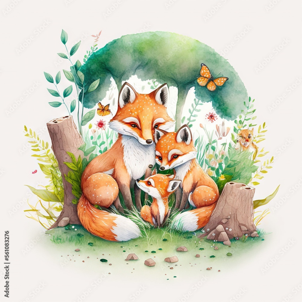 Poster a painting of two foxes sitting in the grass with a butterfly flying overhead and a tree stump in th