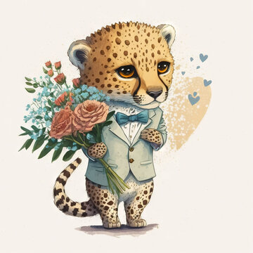  a cheetah in a suit and tie holding a bouquet of flowers and a heart shaped balloon with a message i love you on it in the background that says i love you,. generative ai