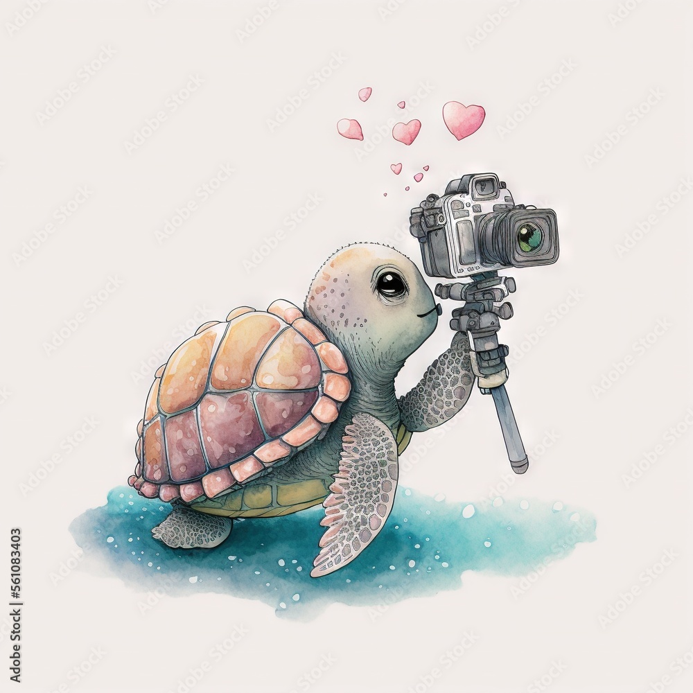 Poster a turtle with a camera on its back and a heart on its back, is holding a video camera in its right h