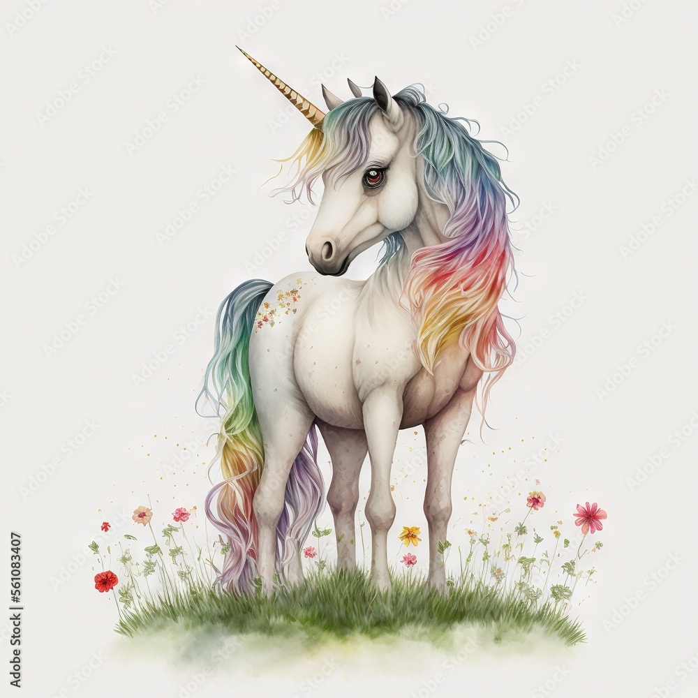 Poster a unicorn with a rainbow mane standing in a field of flowers and daisies with a white background and
