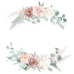 Silver sage and blush pink flowers vector round frame. Creamy beige and dusty rose, ranunculus - obrazy, fototapety, plakaty