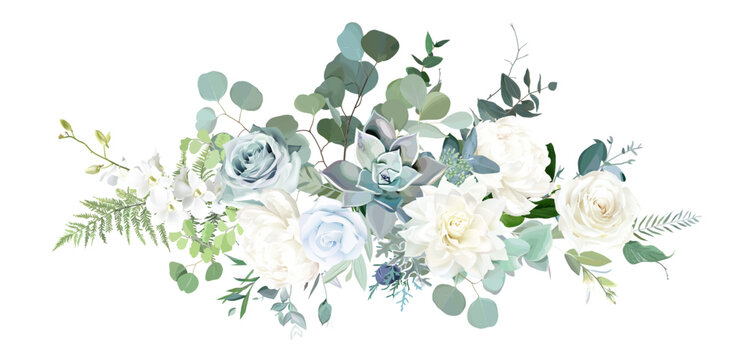 Silver sage green, mint, blue, white flowers vector design spring bouquet